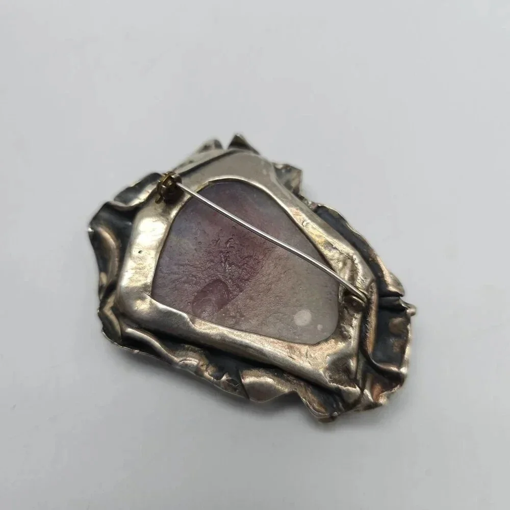 Vintage Artisan Abstract Brutalist Sterling Silver Purple Roman Glass Brooch Pin